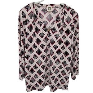 Anne Klein White, Pink, Burgundy, & Black Geo Print V-neck Stretchy Top Size S